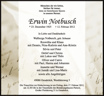 Traueranzeige von Erwin Notbusch von Neue Osnabrücker Zeitung