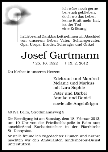 Traueranzeige von Josef Gartmann von Neue Osnabrücker Zeitung