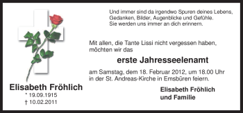 Traueranzeige von Elisabeth Fröhlich von Neue Osnabrücker Zeitung