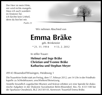 Traueranzeige von Emma Bräke von Neue Osnabrücker Zeitung