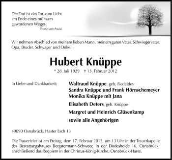 Traueranzeige von Hubert Knüppe von Neue Osnabrücker Zeitung
