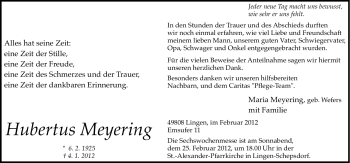 Traueranzeige von Hubertus Meyering von Neue Osnabrücker Zeitung