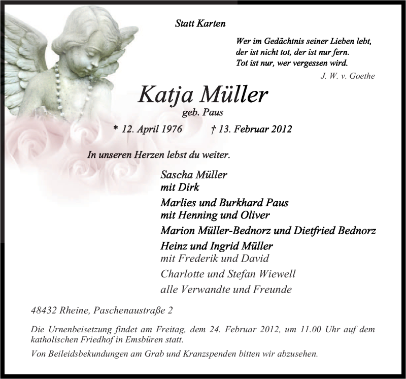  Traueranzeige für Katja Müller vom 16.02.2012 aus Neue Osnabrücker Zeitung