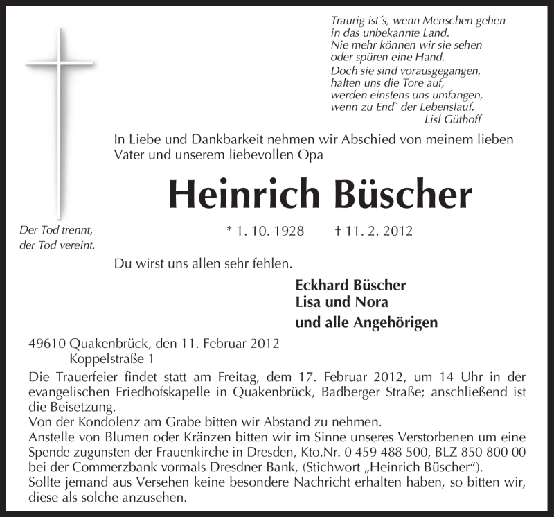  Traueranzeige für Heinrich Büscher vom 16.02.2012 aus Neue Osnabrücker Zeitung