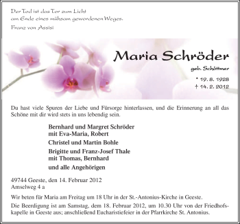 Traueranzeige von Maria Schröder von Neue Osnabrücker Zeitung