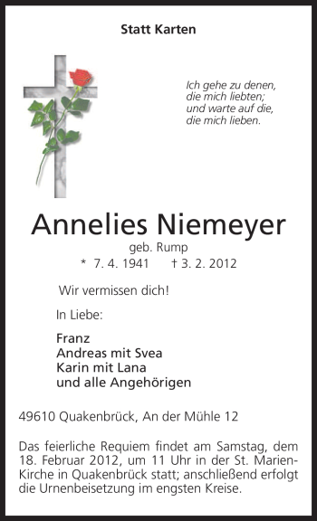 Traueranzeige von Annelies Niemeyer von Neue Osnabrücker Zeitung