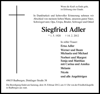 Traueranzeige von Siegfried Adler von Neue Osnabrücker Zeitung