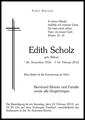 Traueranzeige von Edith Scholz von Neue Osnabrücker Zeitung