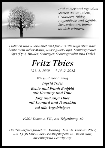 Traueranzeige von Fritz Thies von Neue Osnabrücker Zeitung