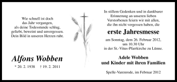Traueranzeige von Alfons Wobben von Neue Osnabrücker Zeitung