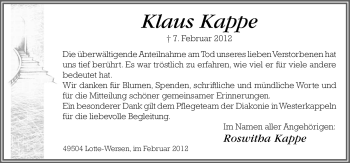 Traueranzeige von Klaus Kappe von Neue Osnabrücker Zeitung