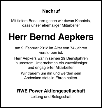 Traueranzeige von Bernd Aepkers von Neue Osnabrücker Zeitung