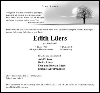 Traueranzeige von Edith Lüers von Neue Osnabrücker Zeitung