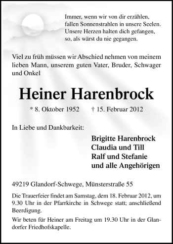 Traueranzeige von Heiner Harenbrock von Neue Osnabrücker Zeitung