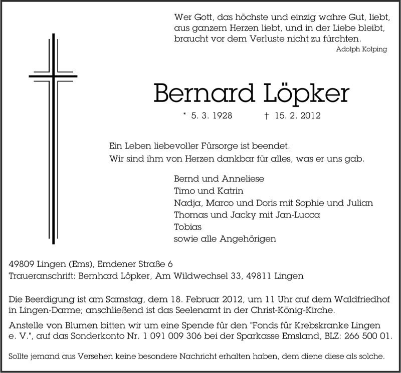  Traueranzeige für Bernard Löpker vom 17.02.2012 aus Neue Osnabrücker Zeitung
