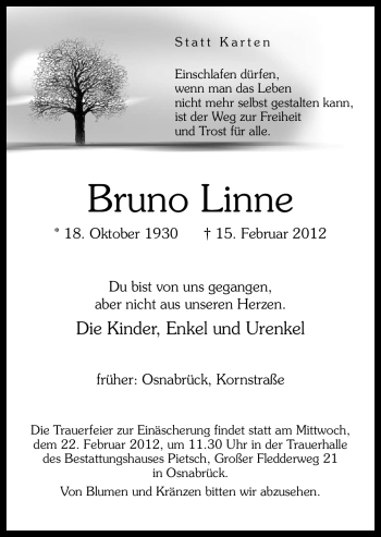 Traueranzeige von Bruno Linne von Neue Osnabrücker Zeitung
