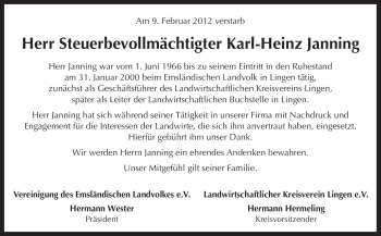 Traueranzeige von Karl-Heinz Janning von Neue Osnabrücker Zeitung