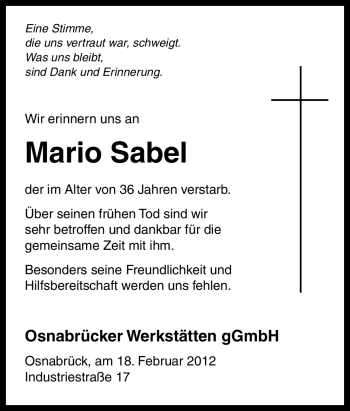 Traueranzeige von Mario Sabel von Neue Osnabrücker Zeitung