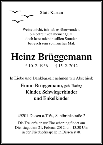 Traueranzeige von Heinz Brüggemann von Neue Osnabrücker Zeitung