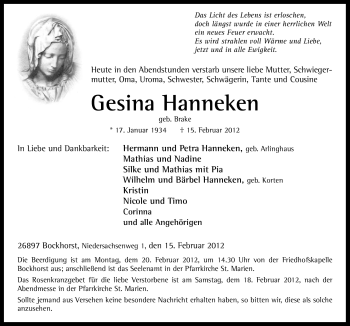 Traueranzeige von Gesina Hanneken von Neue Osnabrücker Zeitung