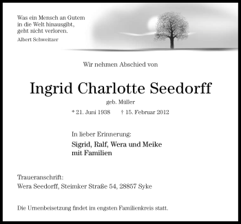 Traueranzeige von Ingrid Charlotte Seedorff von Neue Osnabrücker Zeitung