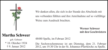 Traueranzeige von Martha Schweer von Neue Osnabrücker Zeitung