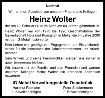Traueranzeige von Heinz Wolter von Neue Osnabrücker Zeitung