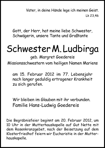 Traueranzeige von Schwester M. Ludbirga von Neue Osnabrücker Zeitung