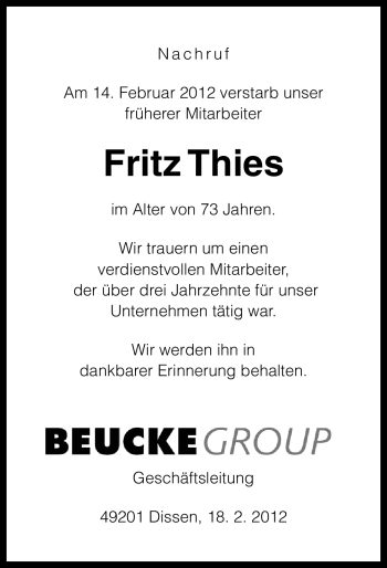 Traueranzeige von Fritz Thies von Neue Osnabrücker Zeitung