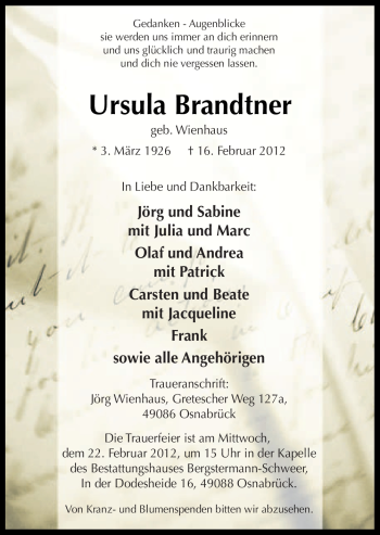 Traueranzeige von Ursula Brandtner von Neue Osnabrücker Zeitung