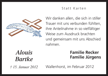 Traueranzeige von Alouis Bartke von Neue Osnabrücker Zeitung