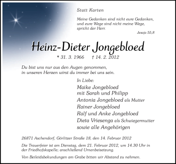 Traueranzeige von Heinz-Dieter Jongebloed von Neue Osnabrücker Zeitung