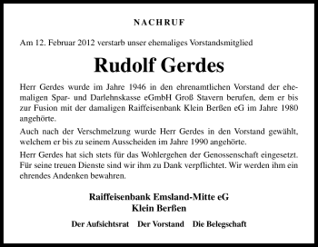 Traueranzeige von Rudolf Gerdes von Neue Osnabrücker Zeitung