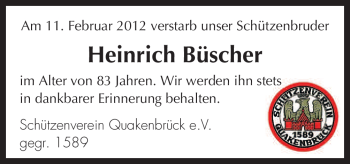 Traueranzeige von Heinrich Büscher von Neue Osnabrücker Zeitung