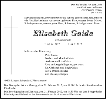 Traueranzeige von Elisabeth Gaida von Neue Osnabrücker Zeitung