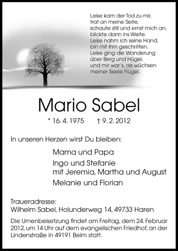 Traueranzeige von Mario Sabel von Neue Osnabrücker Zeitung