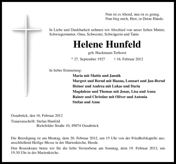 Traueranzeige von Helene Hunfeld von Neue Osnabrücker Zeitung