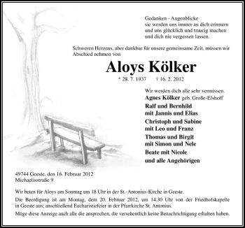 Traueranzeige von Aloys Kölker von Neue Osnabrücker Zeitung