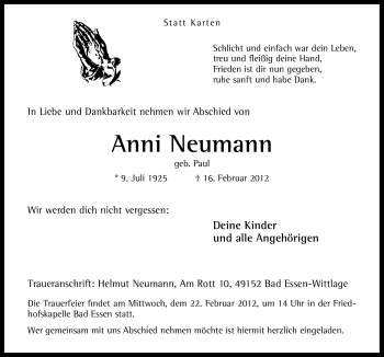 Traueranzeige von Anni Neumann von Neue Osnabrücker Zeitung