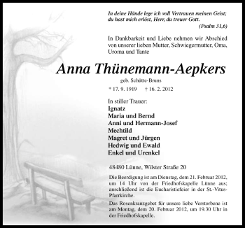 Traueranzeige von Anna Thünemann-Aepkers von Neue Osnabrücker Zeitung