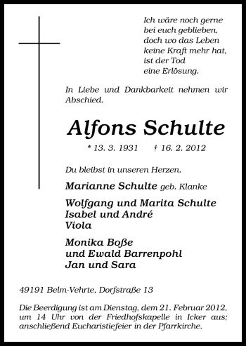 Traueranzeige von Alfons Schulte von Neue Osnabrücker Zeitung