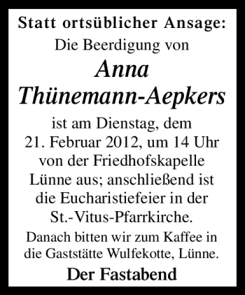 Traueranzeige von Anna Thünemann-Aepkers von Neue Osnabrücker Zeitung