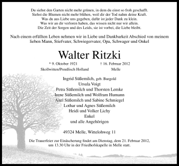 Traueranzeige von Walter Ritzki von Neue Osnabrücker Zeitung