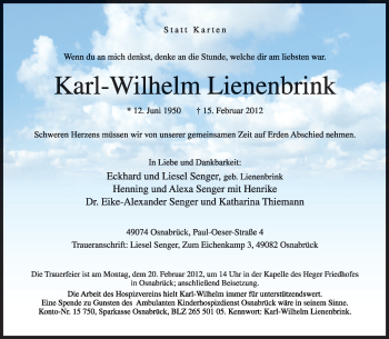 Traueranzeige von Karl-Wilhelm Lienenbrink von Neue Osnabrücker Zeitung