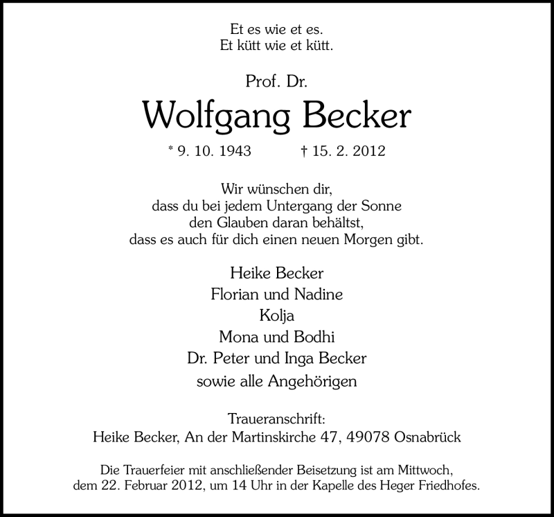  Traueranzeige für Wolfgang Becker vom 18.02.2012 aus Neue Osnabrücker Zeitung