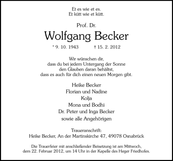 Traueranzeige von Wolfgang Becker von Neue Osnabrücker Zeitung