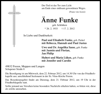 Traueranzeige von Änne Frank von Neue Osnabrücker Zeitung