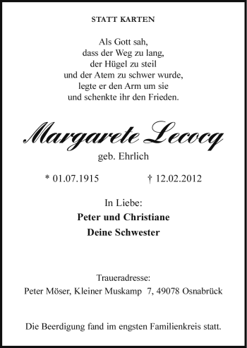 Traueranzeige von Margarte Lecocq von Neue Osnabrücker Zeitung