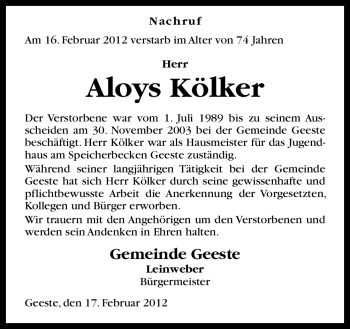 Traueranzeige von Aloys Kölker von Neue Osnabrücker Zeitung
