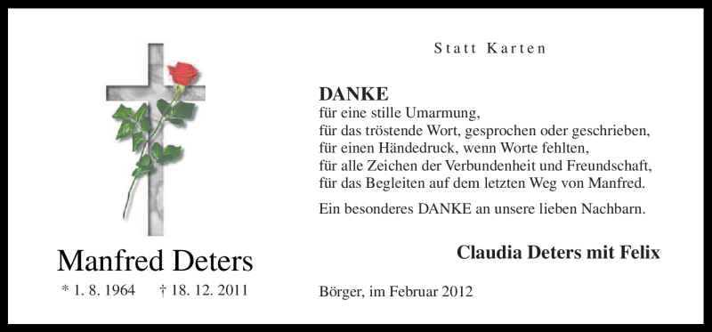  Traueranzeige für Manfred Deters vom 18.02.2012 aus Neue Osnabrücker Zeitung